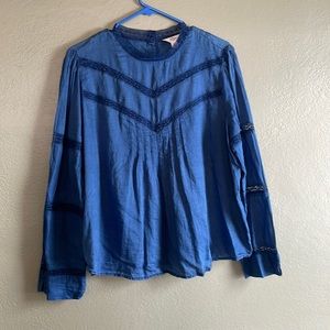 J crew Lace-trim mockneck blouse in indigo voile